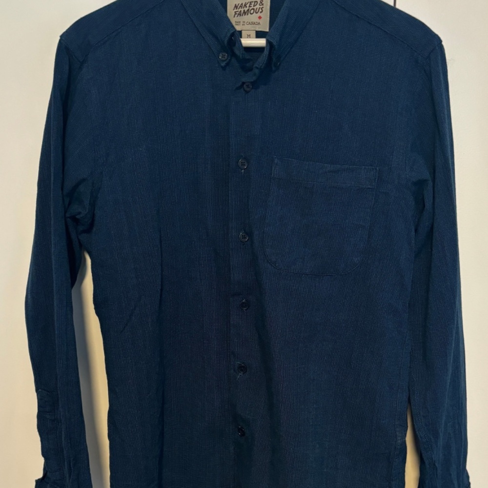 $250 Naked & Famous Indigo Tie Dye Basketweave Long Sleeve Shirt - Small